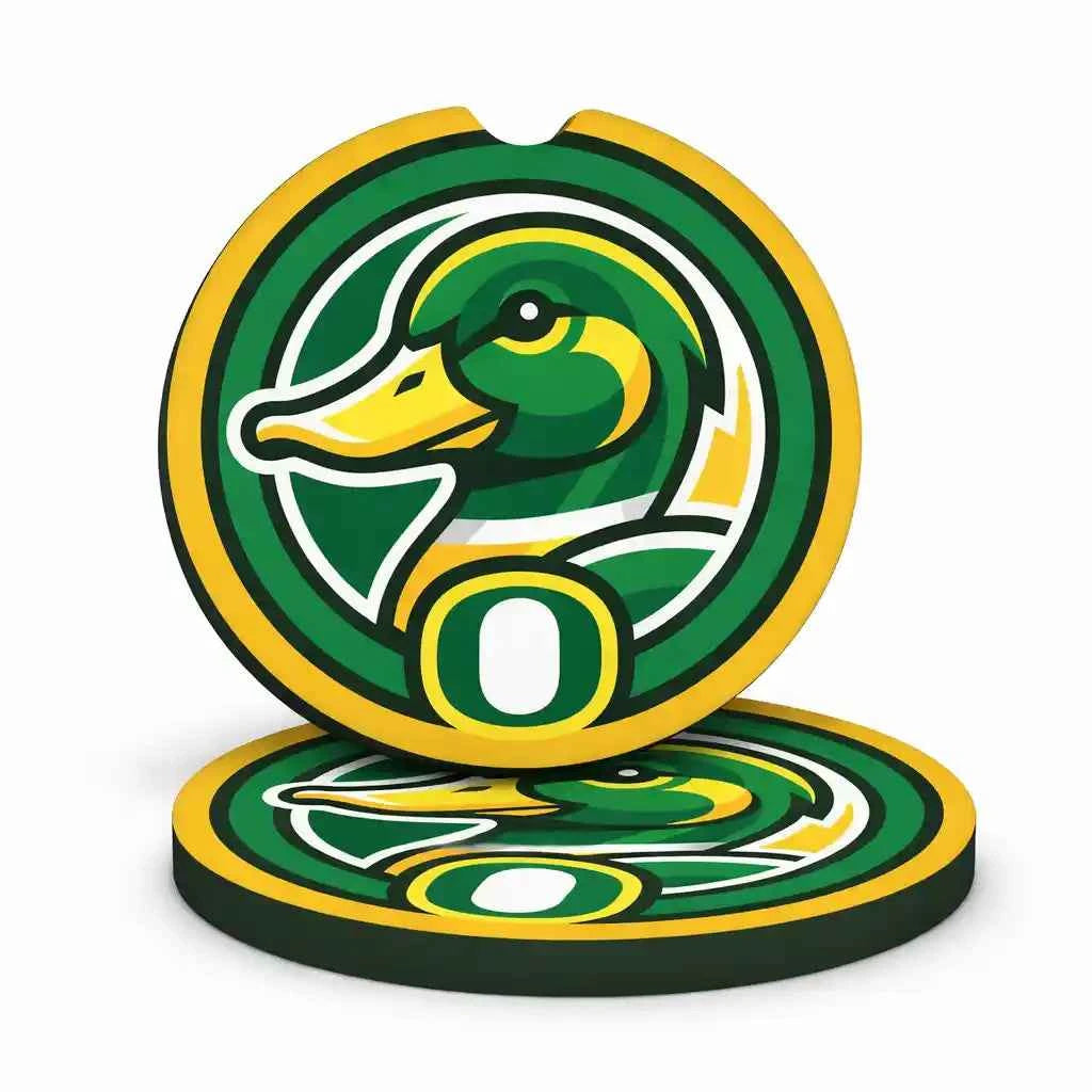 Oregon Ducks Car Coasters - Soft Rubber Auto Cup Holder Inserts with Finger Notch - Set of 2 - NCAA Team Spirit Accessories