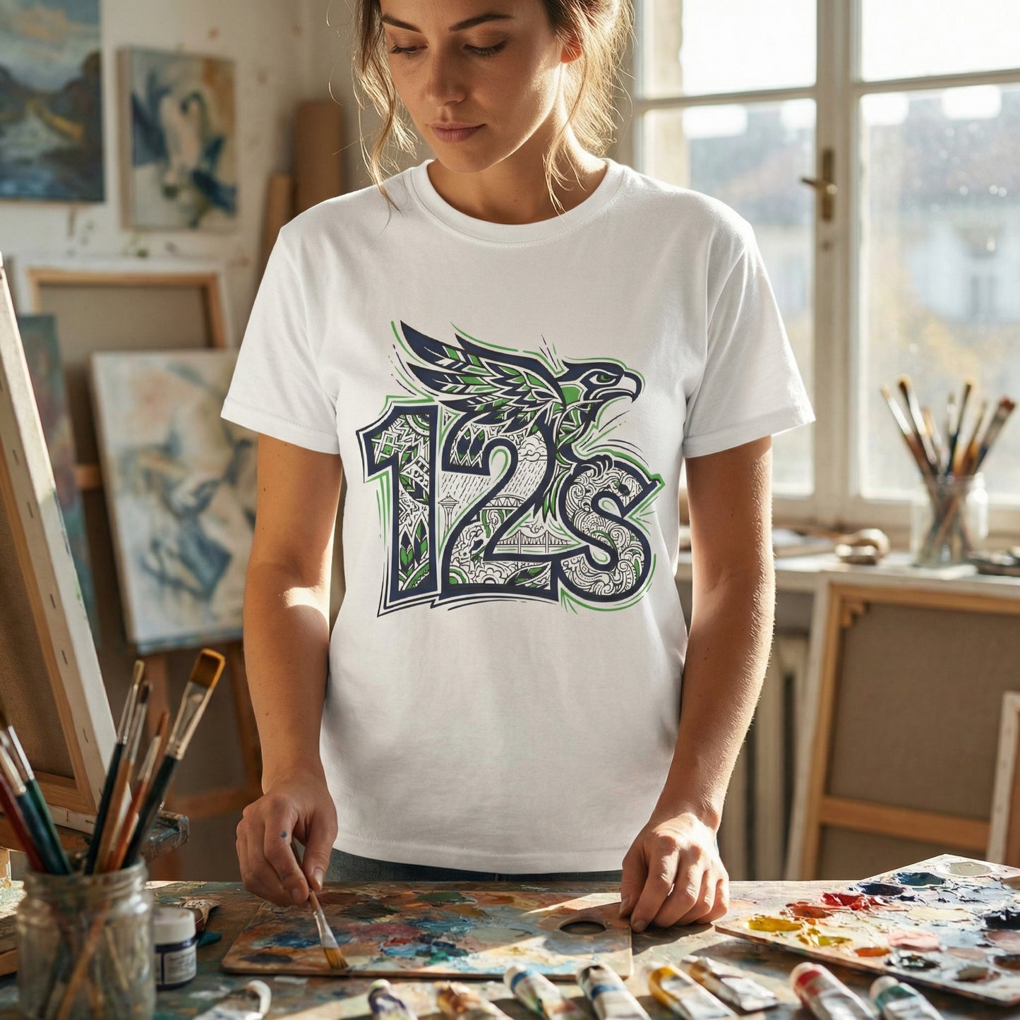 Seattle Football 12s T-Shirt Hawk Graphic Space Needle Design White Cotton Tee - Beyond Lines