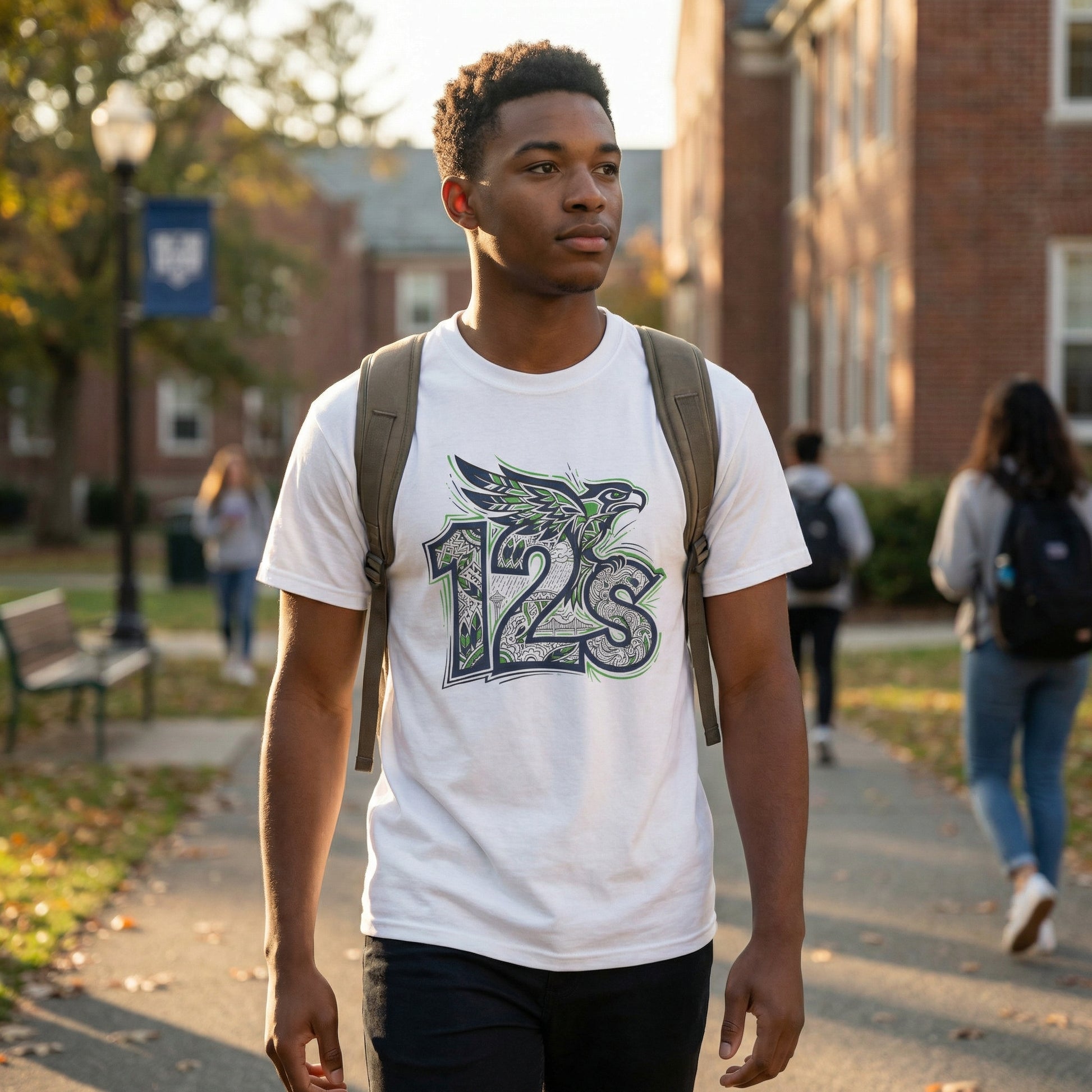Seattle Football 12s T-Shirt Hawk Graphic Space Needle Design White Cotton Tee - Beyond Lines