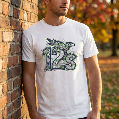 Seattle Football 12s T-Shirt Hawk Graphic Space Needle Design White Cotton Tee - Beyond Lines