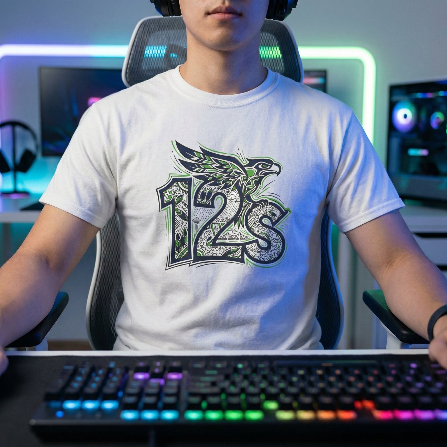 Seattle Football 12s T-Shirt Hawk Graphic Space Needle Design White Cotton Tee - Beyond Lines