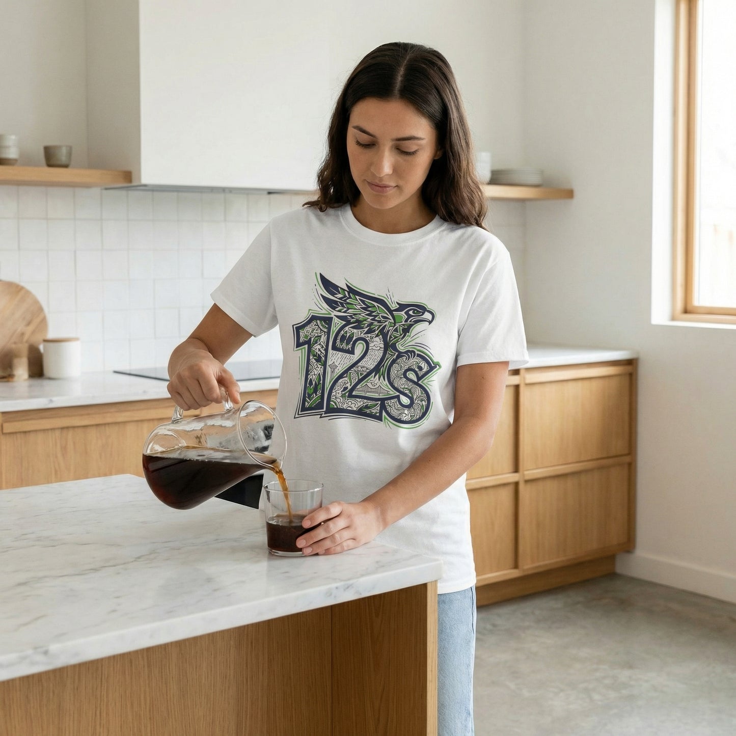 Seattle Football 12s T-Shirt Hawk Graphic Space Needle Design White Cotton Tee - Beyond Lines