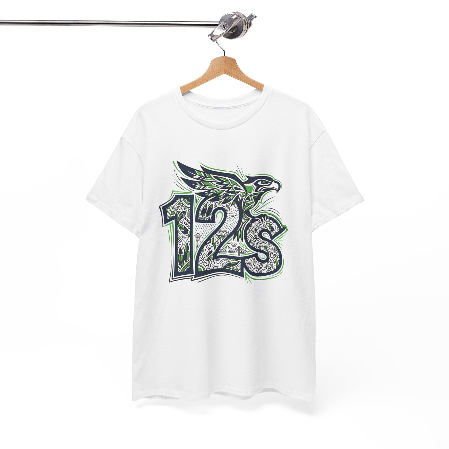 Seattle Football 12s T-Shirt Hawk Graphic Space Needle Design White Cotton Tee - Beyond Lines