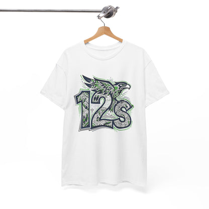 Seattle Football 12s T-Shirt Hawk Graphic Space Needle Design White Cotton Tee - Beyond Lines