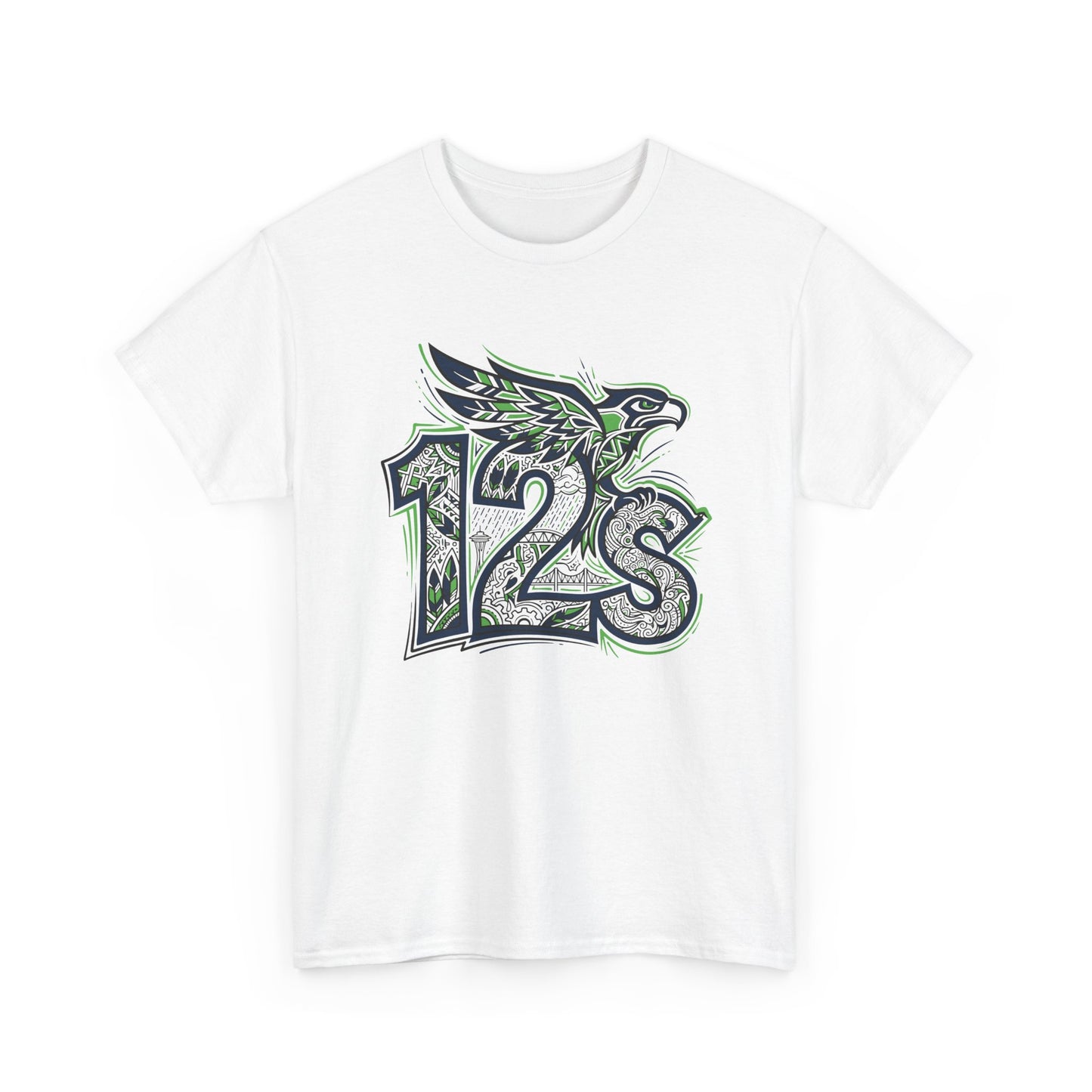 Seattle Football 12s T-Shirt Hawk Graphic Space Needle Design White Cotton Tee - Beyond Lines