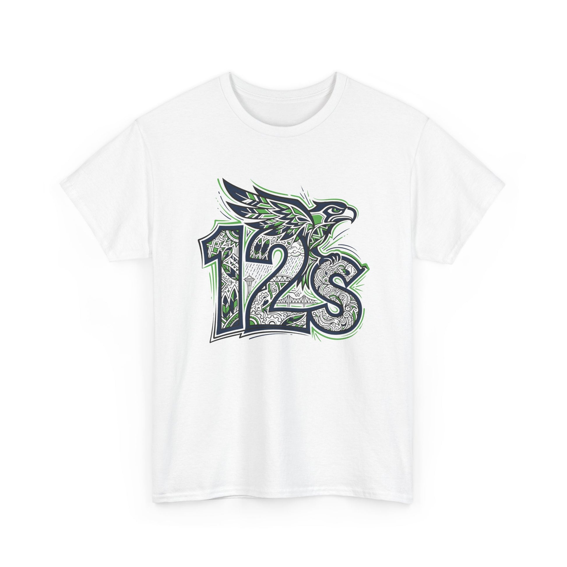 Seattle Football 12s T-Shirt Hawk Graphic Space Needle Design White Cotton Tee - Beyond Lines