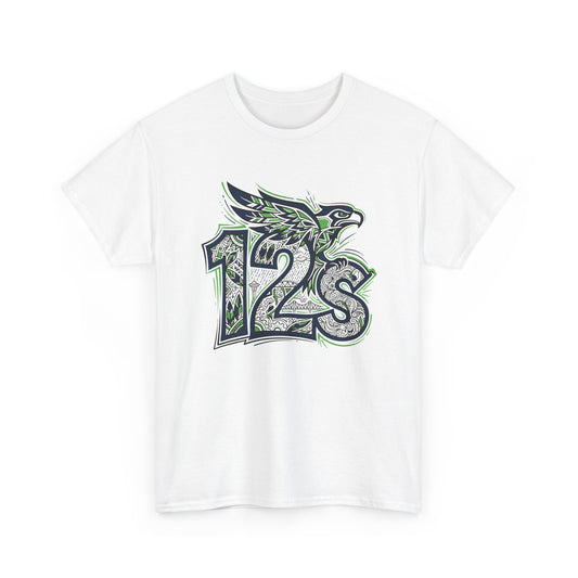 Seattle Football 12s T-Shirt Hawk Graphic Space Needle Design White Cotton Tee - Beyond Lines