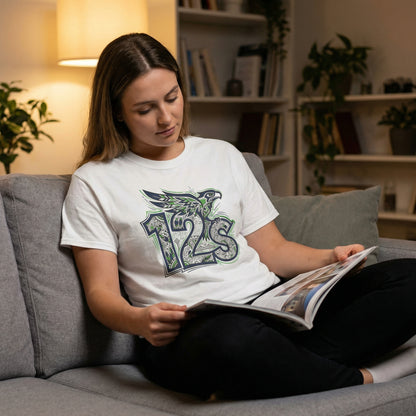 Seattle Football 12s T-Shirt Hawk Graphic Space Needle Design White Cotton Tee - Beyond Lines