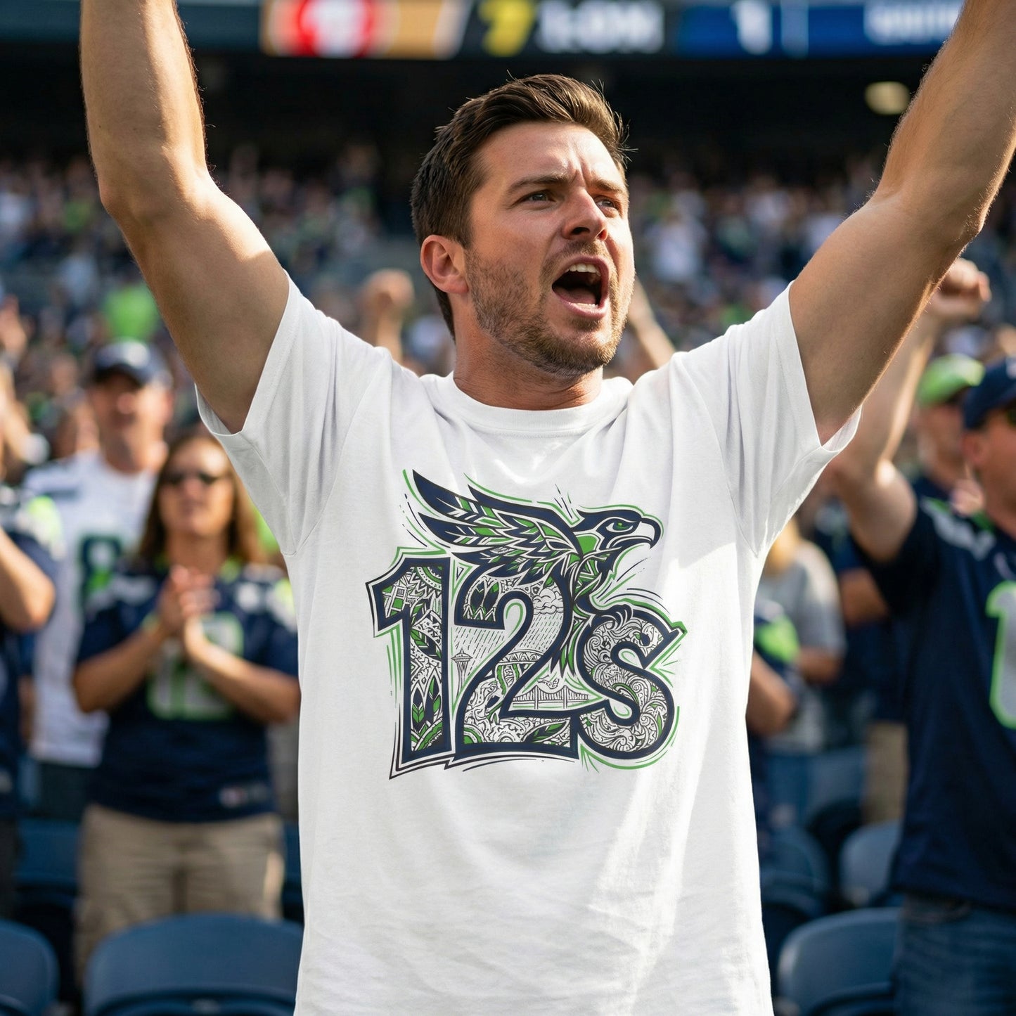 Seattle Football 12s T-Shirt Hawk Graphic Space Needle Design White Cotton Tee - Beyond Lines