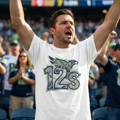 Seattle Football 12s T-Shirt Hawk Graphic Space Needle Design White Cotton Tee - Beyond Lines