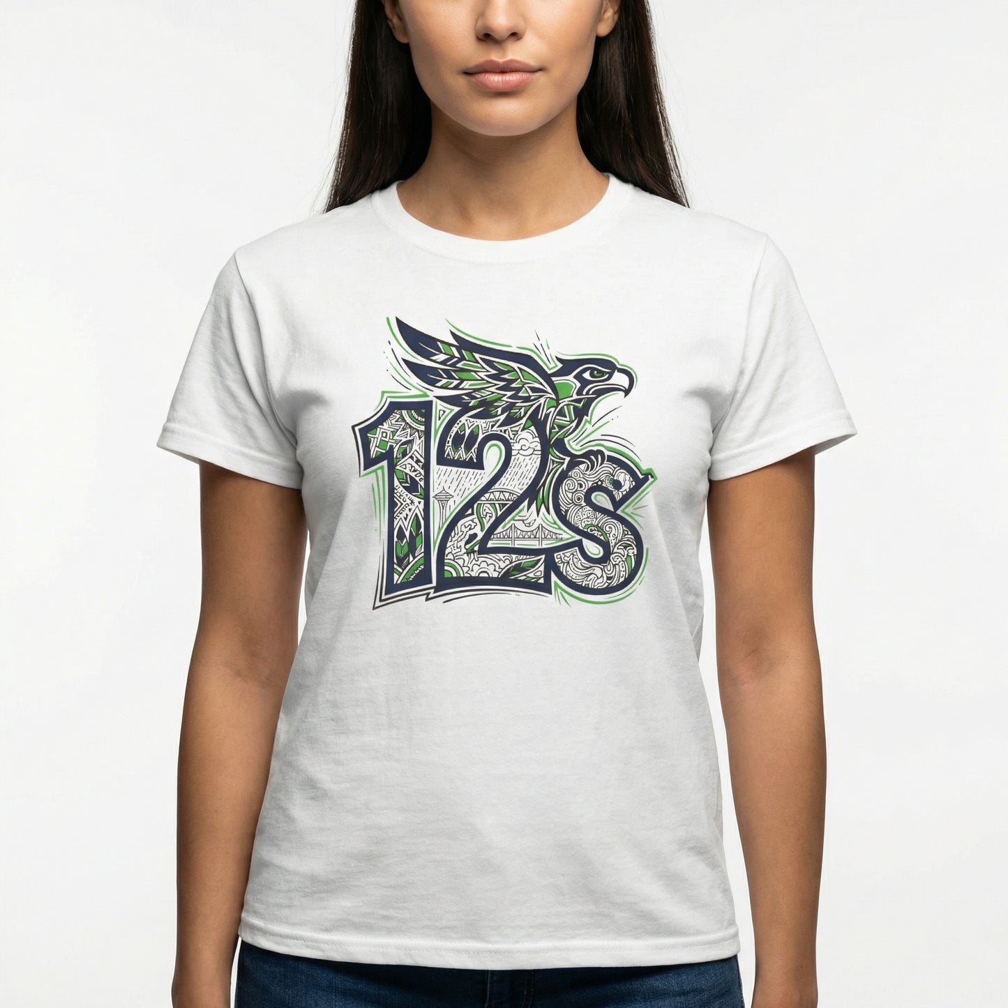 Seattle Football 12s T-Shirt Hawk Graphic Space Needle Design White Cotton Tee - Beyond Lines