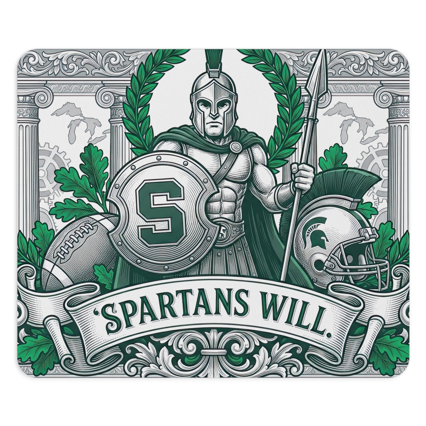 Michigan State Spartans Mousepad - "Spartans Will" Football Design - MSU Green & White Gaming Mat