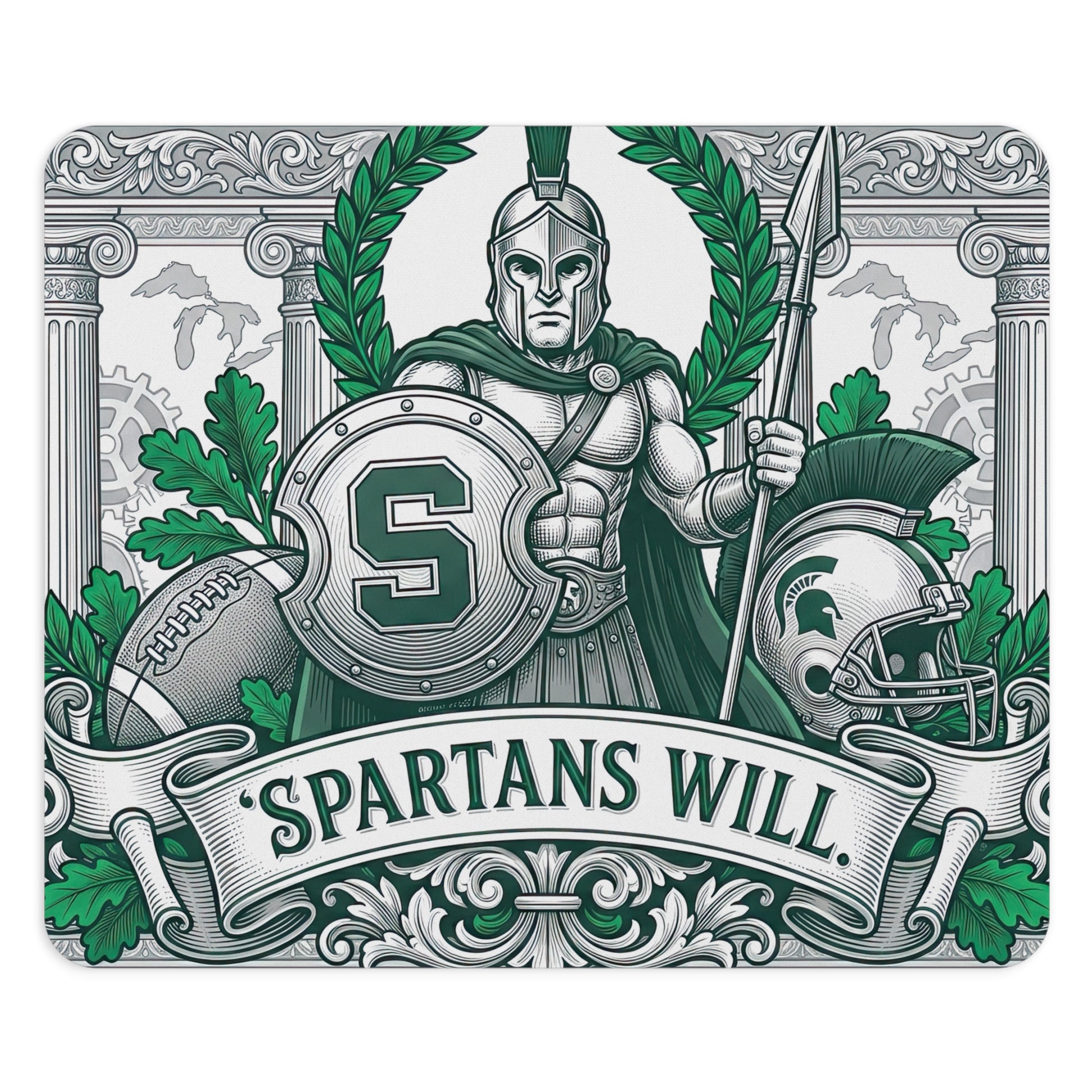 Michigan State Spartans Mousepad - "Spartans Will" Football Design - MSU Green & White Gaming Mat