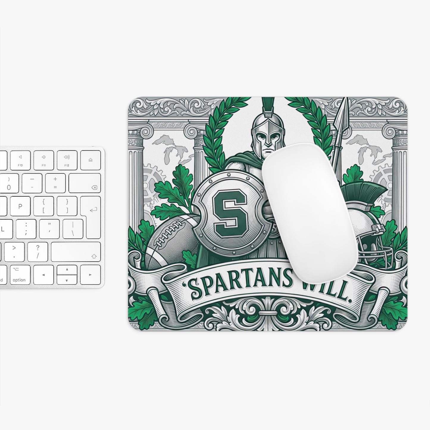 Michigan State Spartans Mousepad - "Spartans Will" Football Design - MSU Green & White Gaming Mat