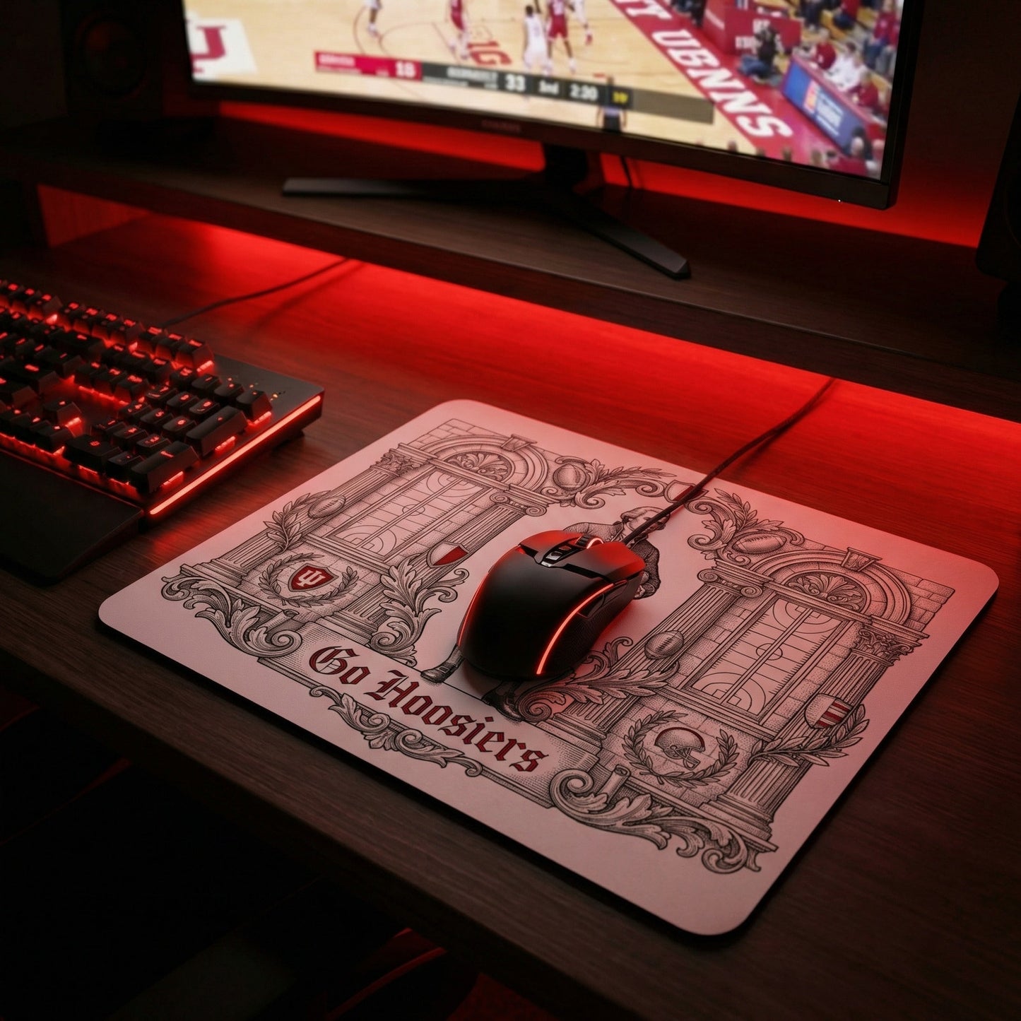 Indiana Mouse Pad - Vintage Hoosiers Colonial Football Design - "Go Hoosiers" Desk Accessory