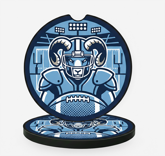 Football Ram Mascot Car Coasters - Cup Holder Inserts with Finger Notch - Carolina Blue Sports Auto Accessories (Pack of 2)