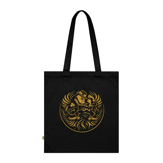 Fighting Leprechaun Black Canvas Tote Bag - Reusable Irish Mascot Shopper with Gold Shamrock Print