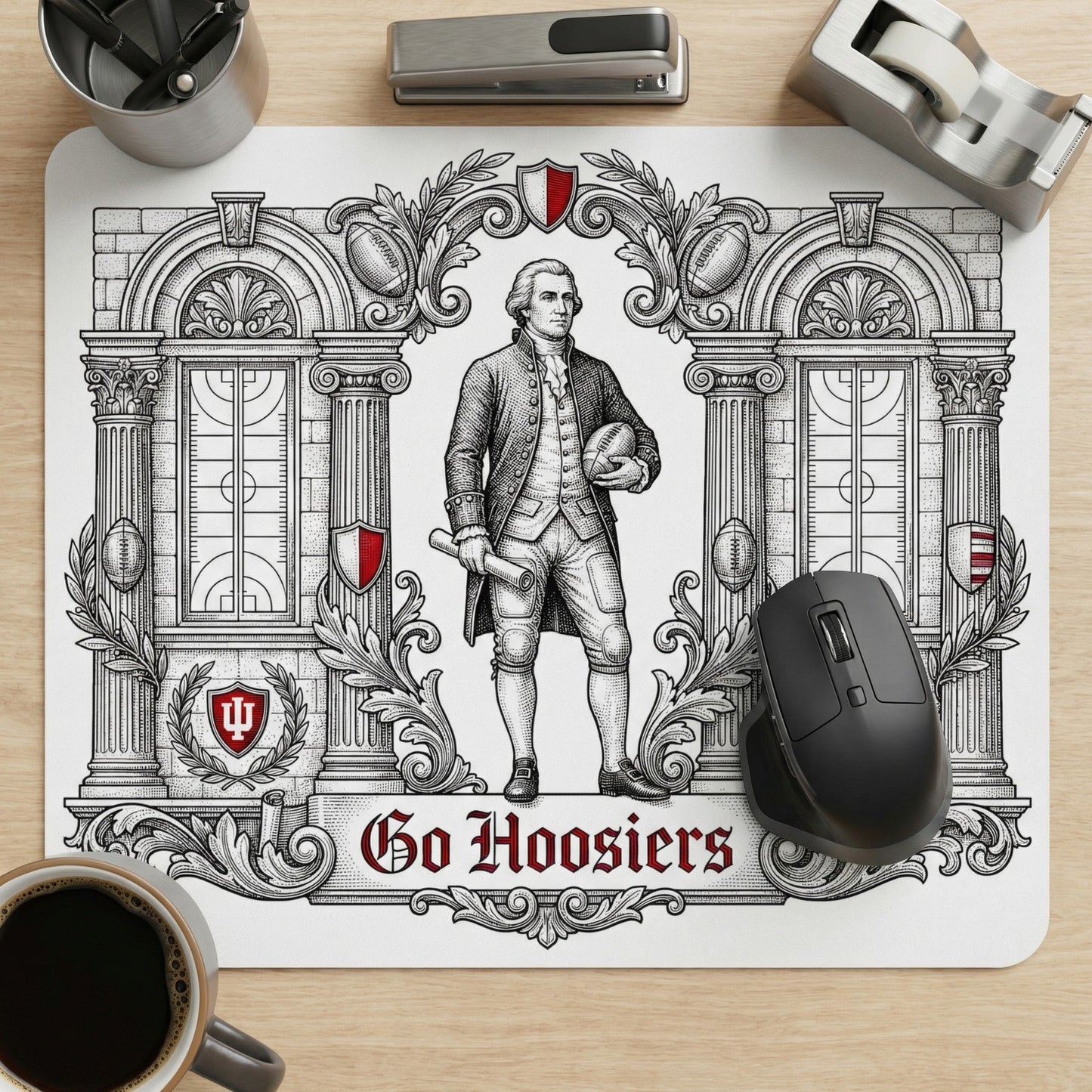 Indiana Mouse Pad - Vintage Hoosiers Colonial Football Design - "Go Hoosiers" Desk Accessory