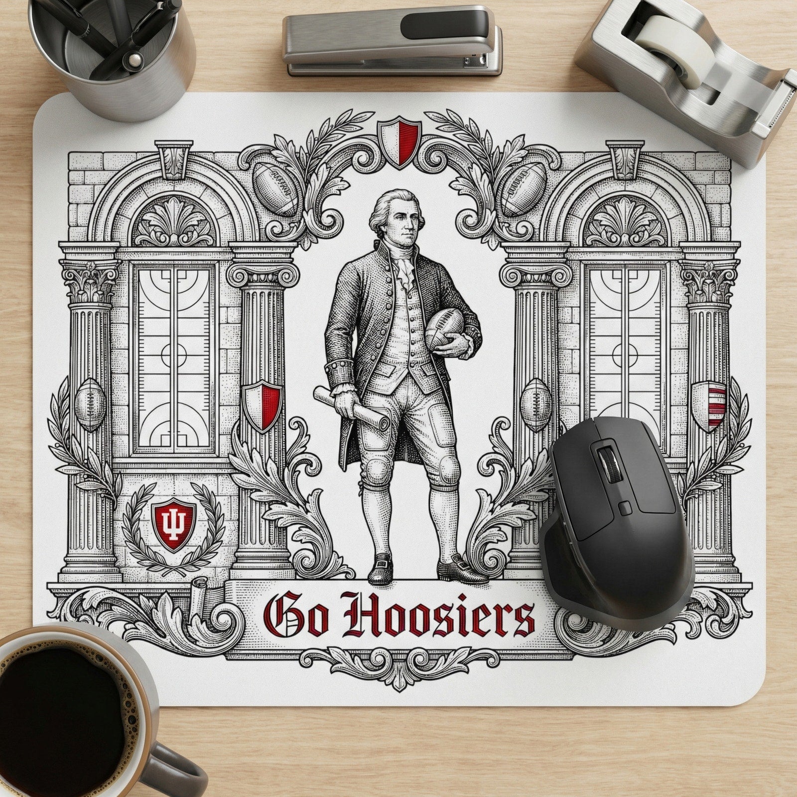Indiana Mouse Pad - Vintage Hoosiers Colonial Football Design - "Go Hoosiers" Desk Accessory