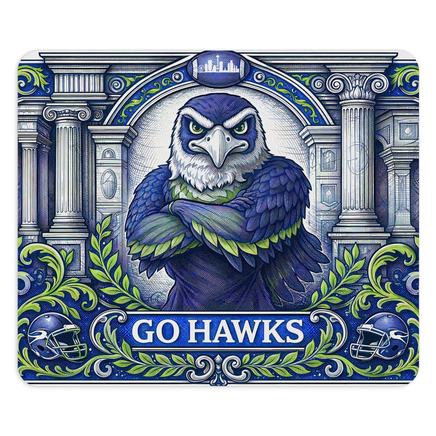 Seattle Football Eagle Mouse Pad - Go Hawks Desk Mat - Blue & Green - Beyond Lines
