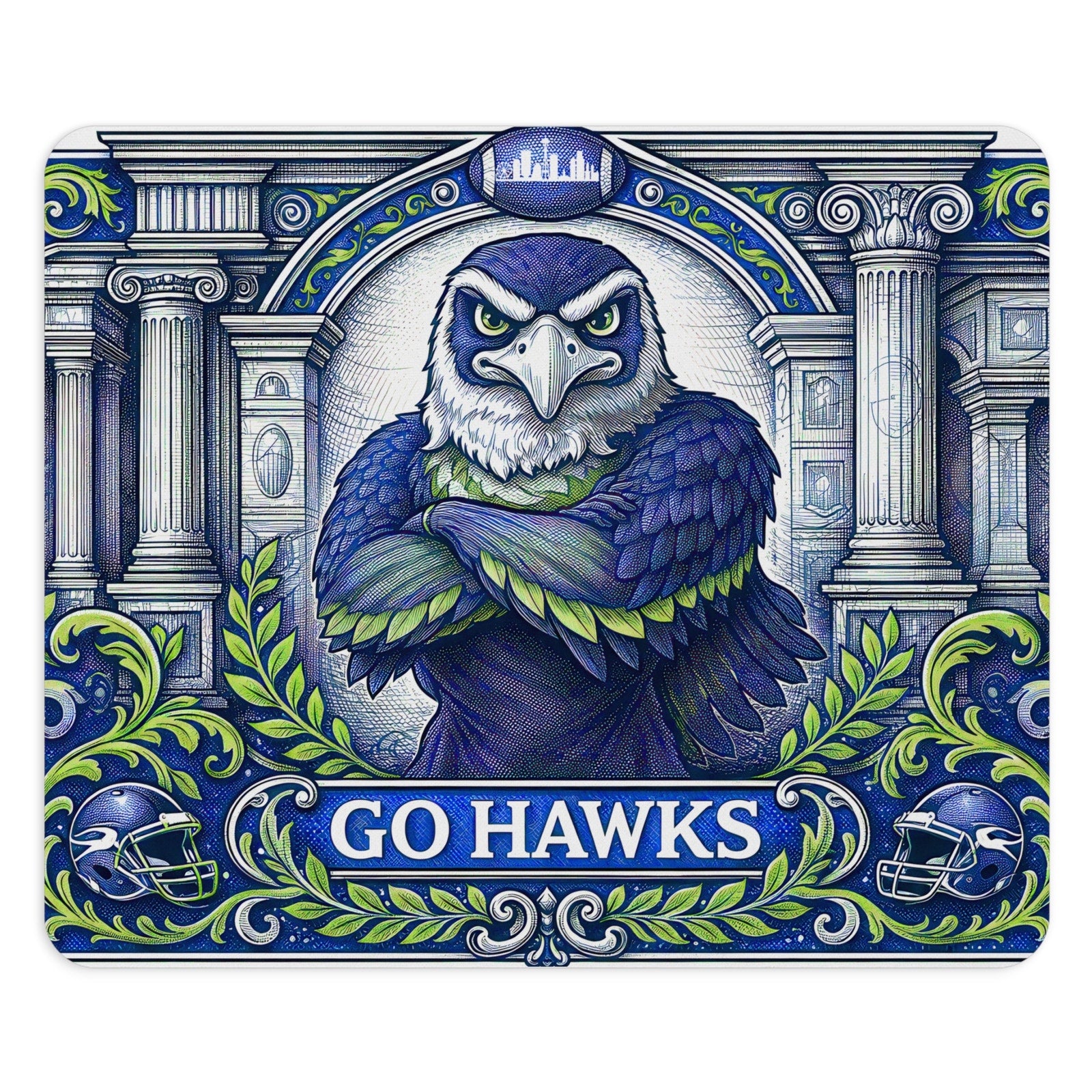 Seattle Football Eagle Mouse Pad - Go Hawks Desk Mat - Blue & Green - Beyond Lines