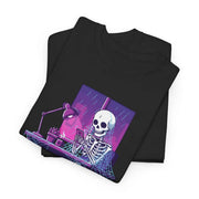 Skeleton Doomscrolling at Desk Graphic T-Shirt - Funny Internet Meme & Lo-Fi Aesthetic Tee