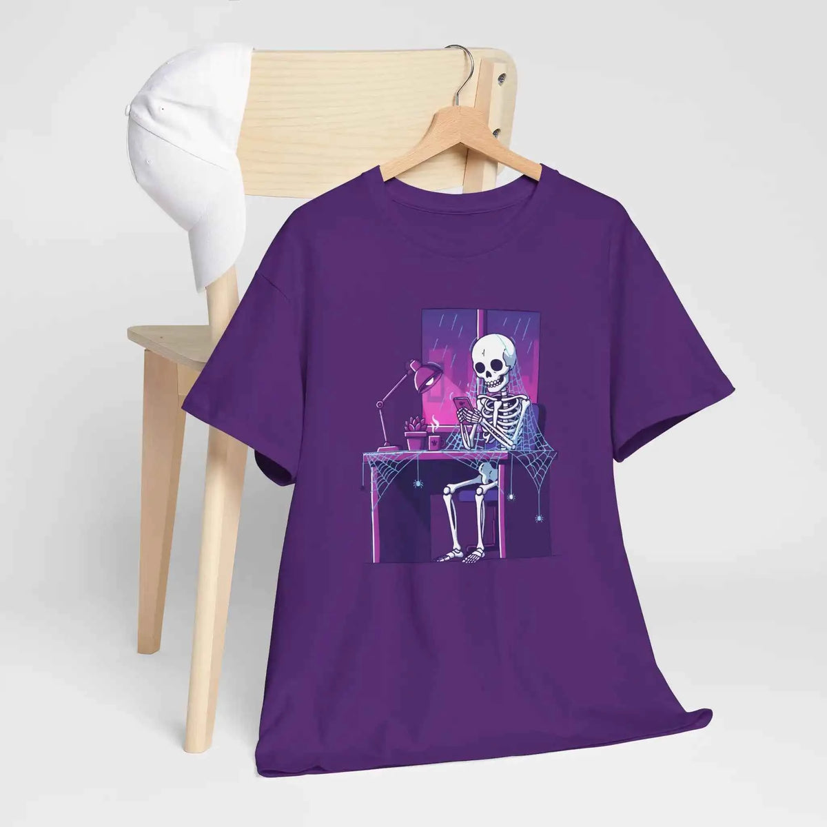Skeleton Doomscrolling at Desk Graphic T-Shirt - Funny Internet Meme & Lo-Fi Aesthetic Tee