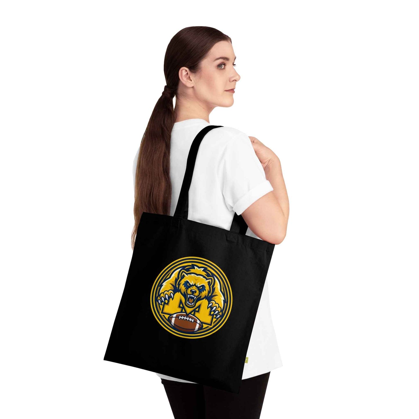 Michigan Football Mascot Tote Bag - Black Cotton Canvas Reusable Shopper with Wolverine Design
