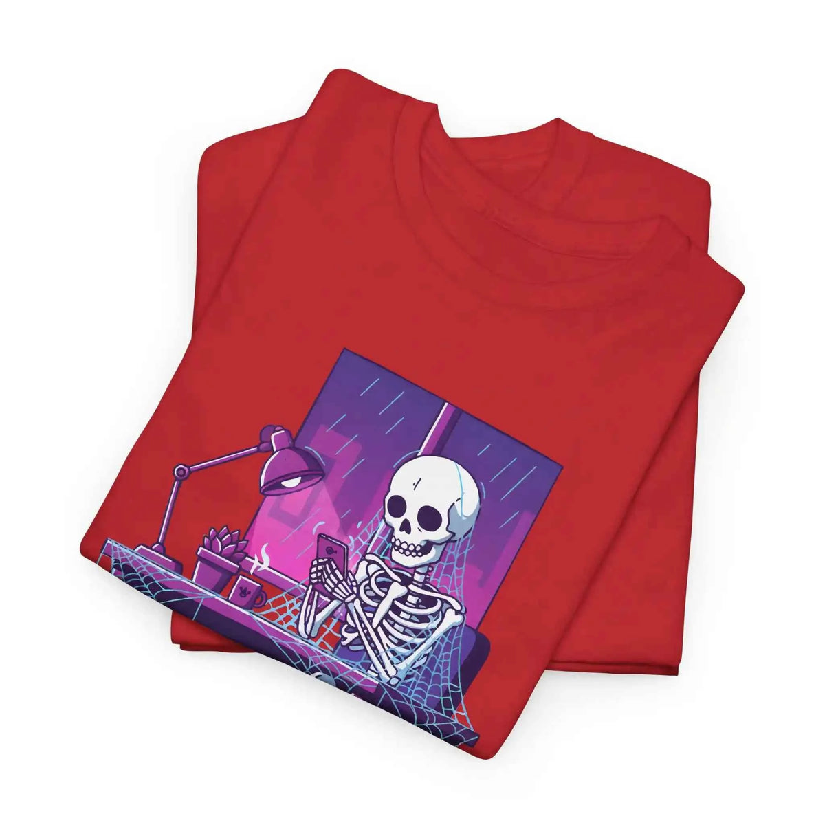 Skeleton Doomscrolling at Desk Graphic T-Shirt - Funny Internet Meme & Lo-Fi Aesthetic Tee