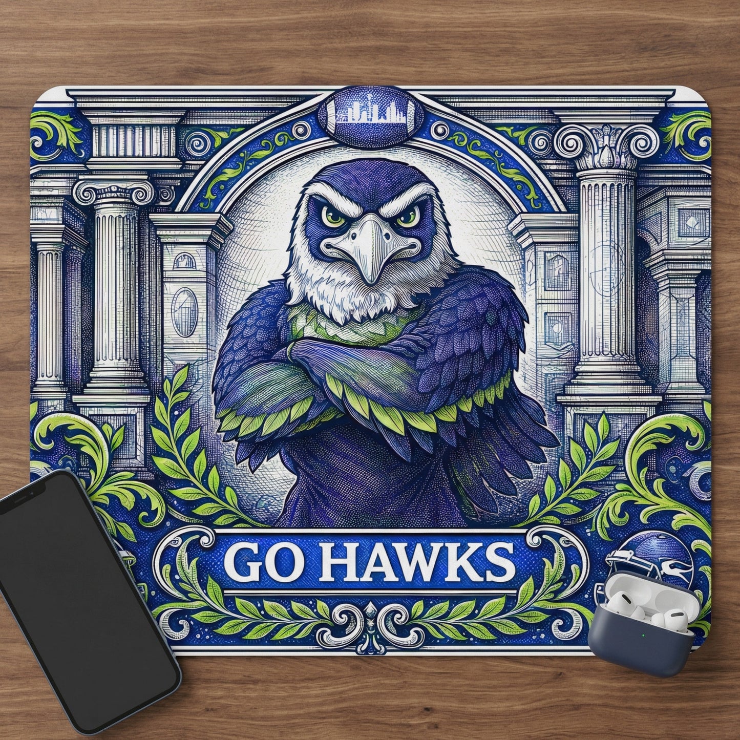 Seattle Football Eagle Mouse Pad - Go Hawks Desk Mat - Blue & Green - Beyond Lines