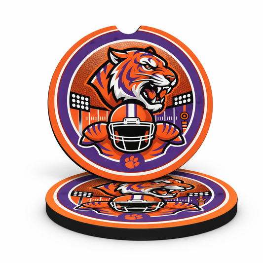 Tiger Mascot Football Car Coasters, Set of 2 - Auto Cup Holder Inserts - Orange & Purple Team Spirit