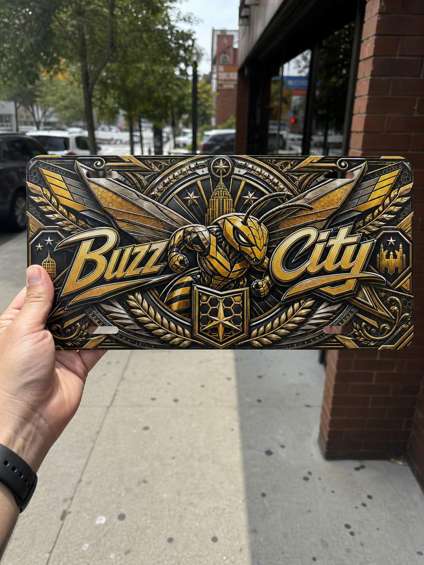 Buzz City Flat Printed Aluminum Car Tag Embossed Look Metal Plate