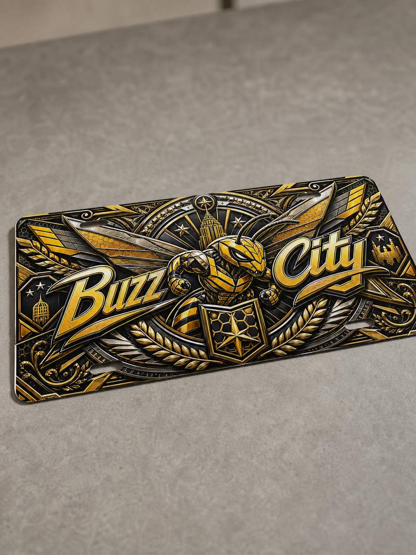 Buzz City Flat Printed Aluminum Car Tag Embossed Look Metal Plate