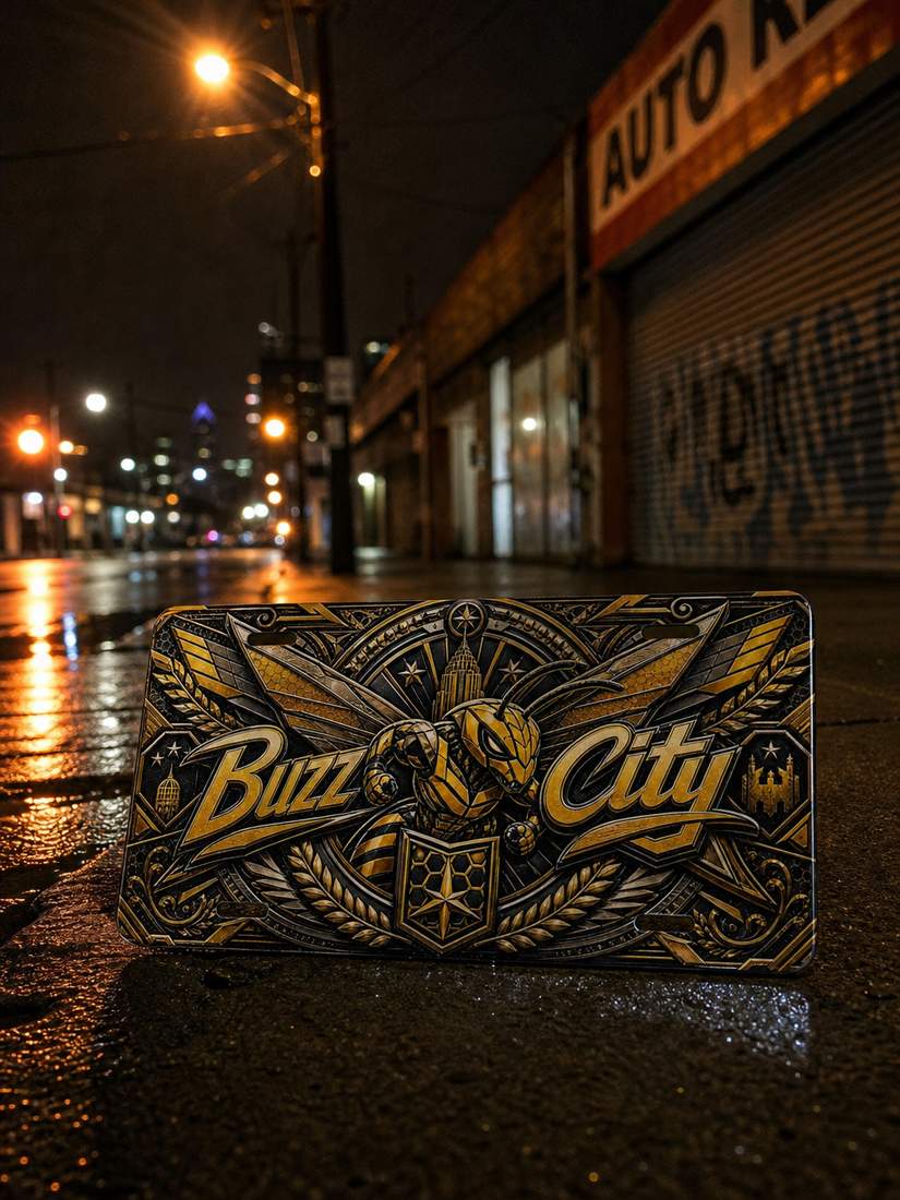 Buzz City Flat Printed Aluminum Car Tag Embossed Look Metal Plate