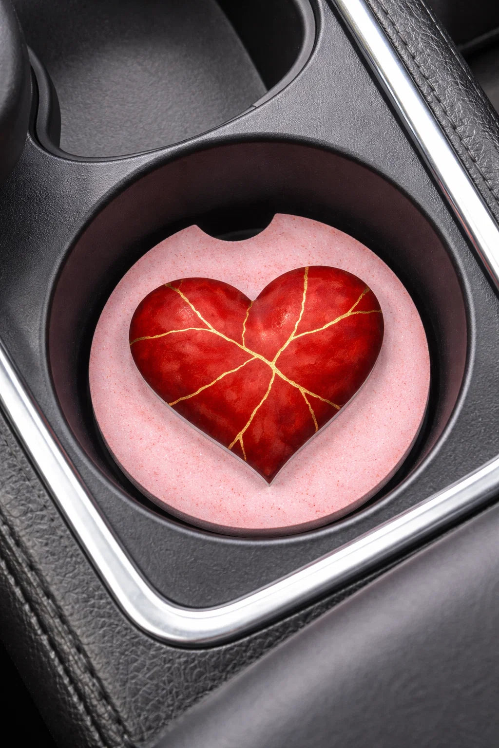 Valentine Kintsugi Heart Car Coaster Set of 2 – Absorbent Stone Cup Holder Pink - Beyond Lines