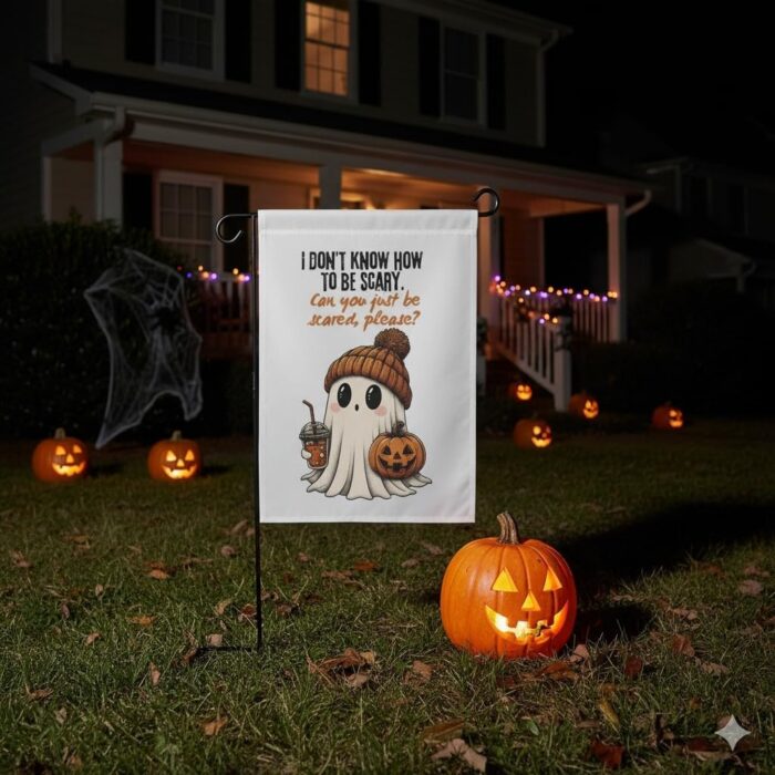 Cute Ghost Garden Flag – Funny Halloween Yard Decor with Pumpkin & Fall Coffee – - Image 2