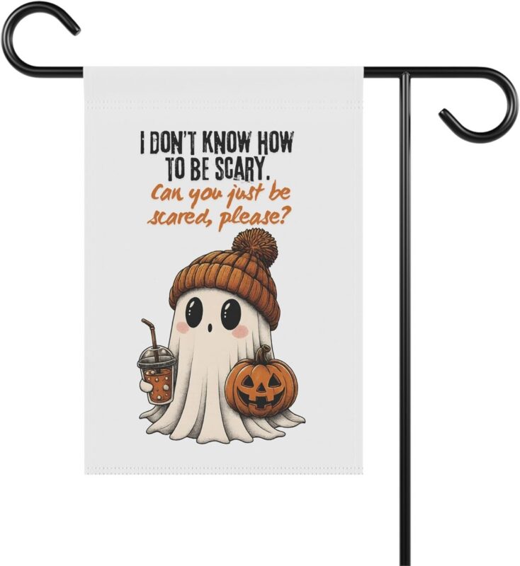 Cute Ghost Garden Flag – Funny Halloween Yard Decor with Pumpkin & Fall Coffee –