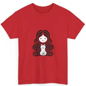Art Nouveau Girl and Cat Graphic T-Shirt, Red Cat Lover Gift Tee