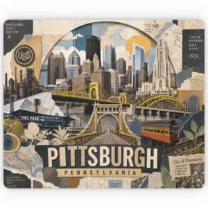 Pittsburgh Mouse Pad Skyline Collage Desk Mat with Steel City Pennsylvania Artwork