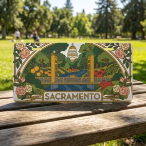 Sacramento License Plate, Tower Bridge and California Capitol Art, Decorative Aluminum Car Tag