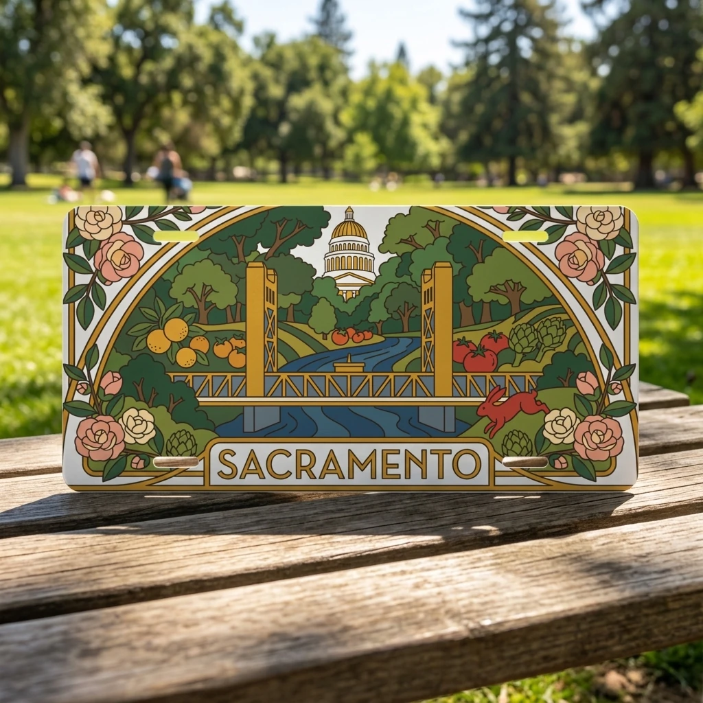 Sacramento License Plate, Tower Bridge and California Capitol Art, Decorative Aluminum Car Tag