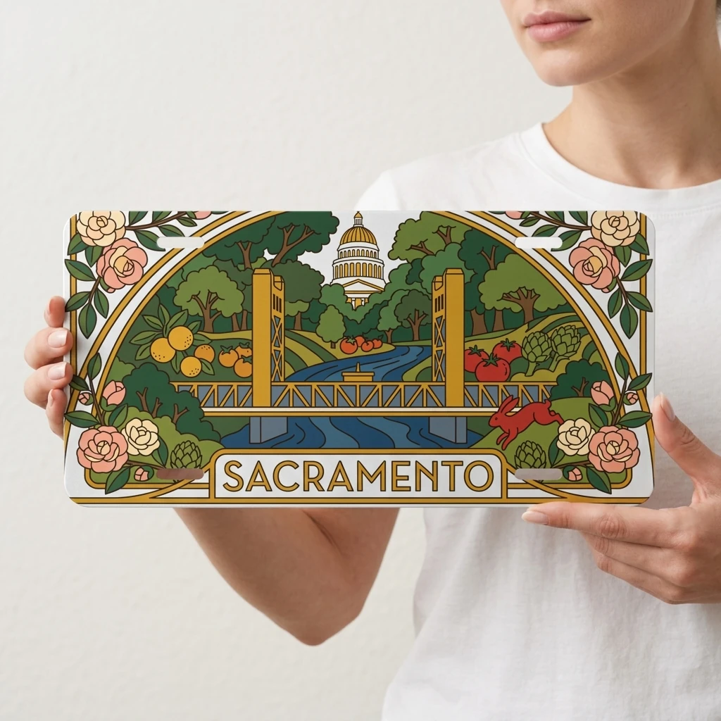 Sacramento License Plate, Tower Bridge and California Capitol Art, Decorative Aluminum Car Tag