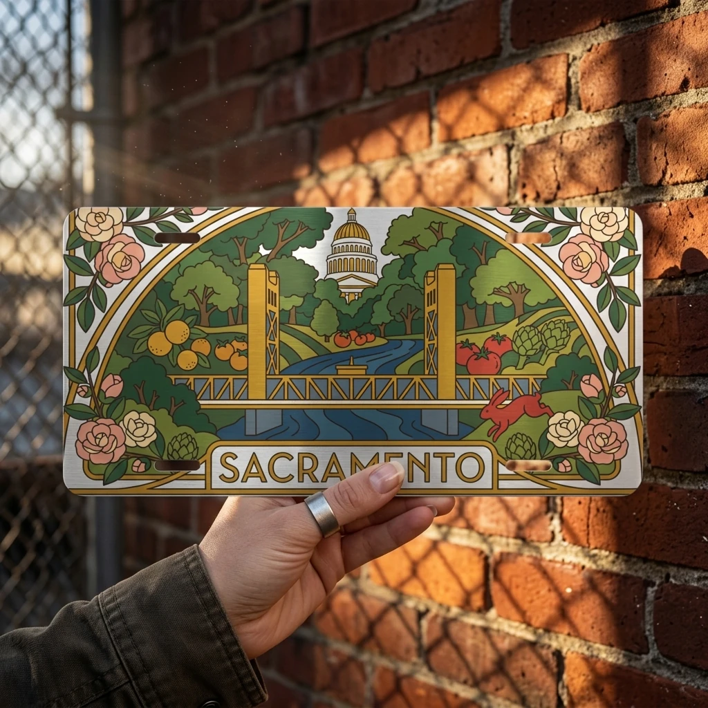 Sacramento License Plate, Tower Bridge and California Capitol Art, Decorative Aluminum Car Tag