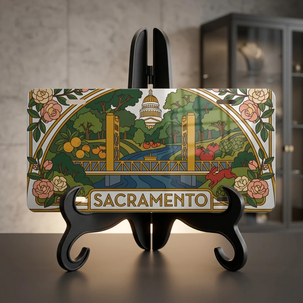 Sacramento License Plate, Tower Bridge and California Capitol Art, Decorative Aluminum Car Tag