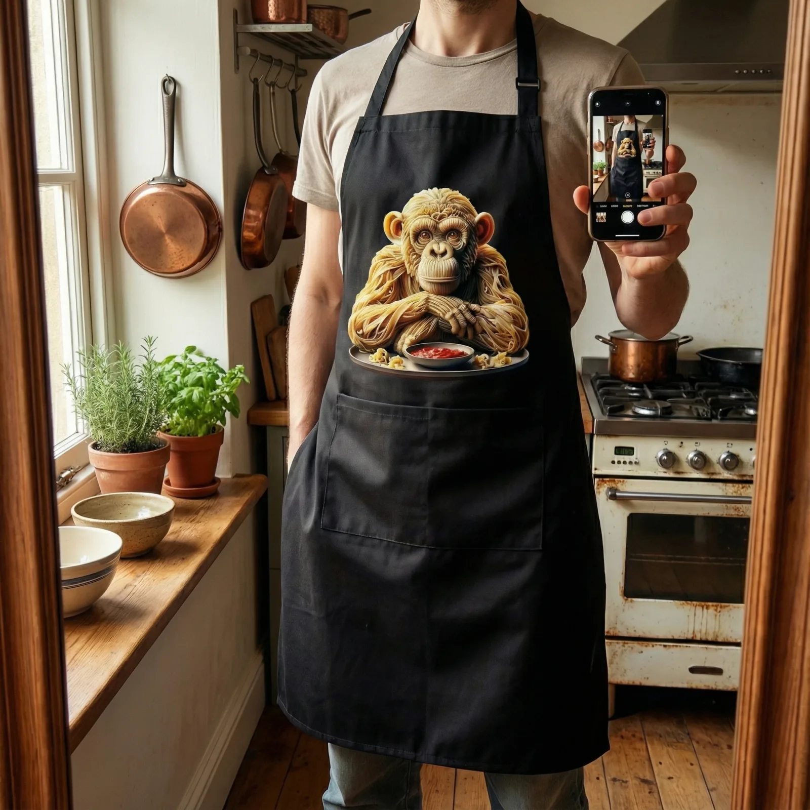 Pasta Animal Unisex Bib Apron with Pockets, 12 Design Choices - Chimpanzee