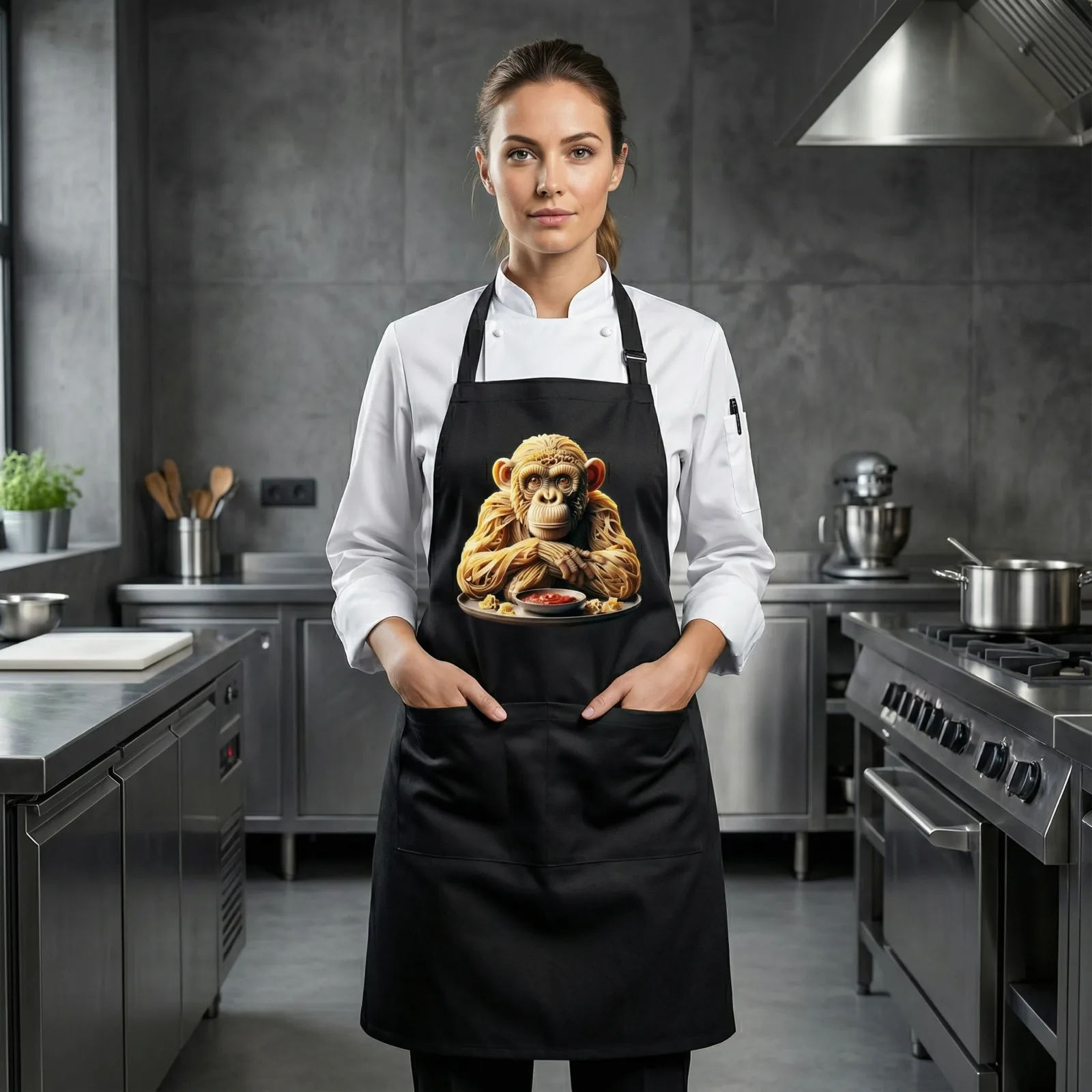 Pasta Animal Unisex Bib Apron with Pockets, 12 Design Choices - Chimpanzee