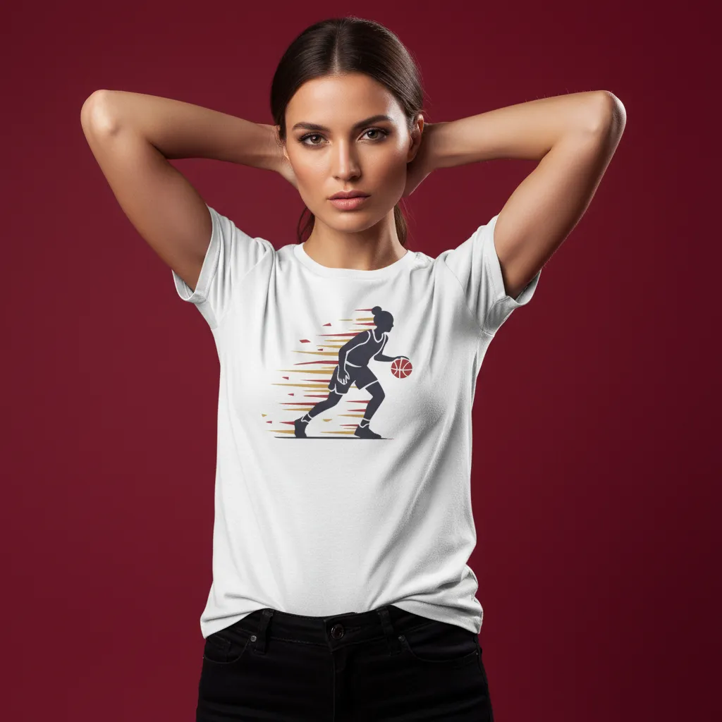 Female Basketball Player Dribbling Graphic T-Shirt - White Cotton Sports Tee - Image 2