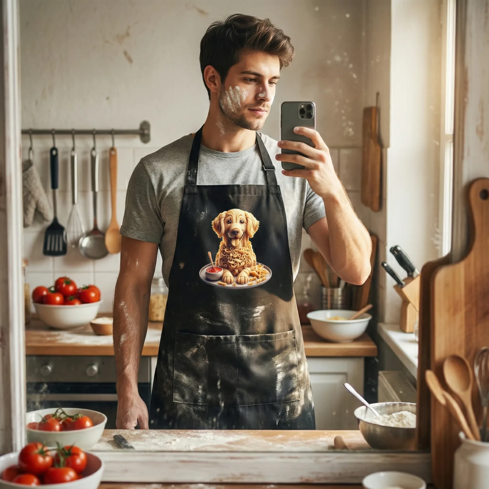 Pasta Animal Unisex Bib Apron with Pockets, 12 Design Choices - Golden Retriever
