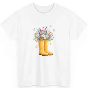 Women's Spring Wildflower T-Shirt - Watercolor Yellow Rain Boots & Butterfly Garden Graphic Tee