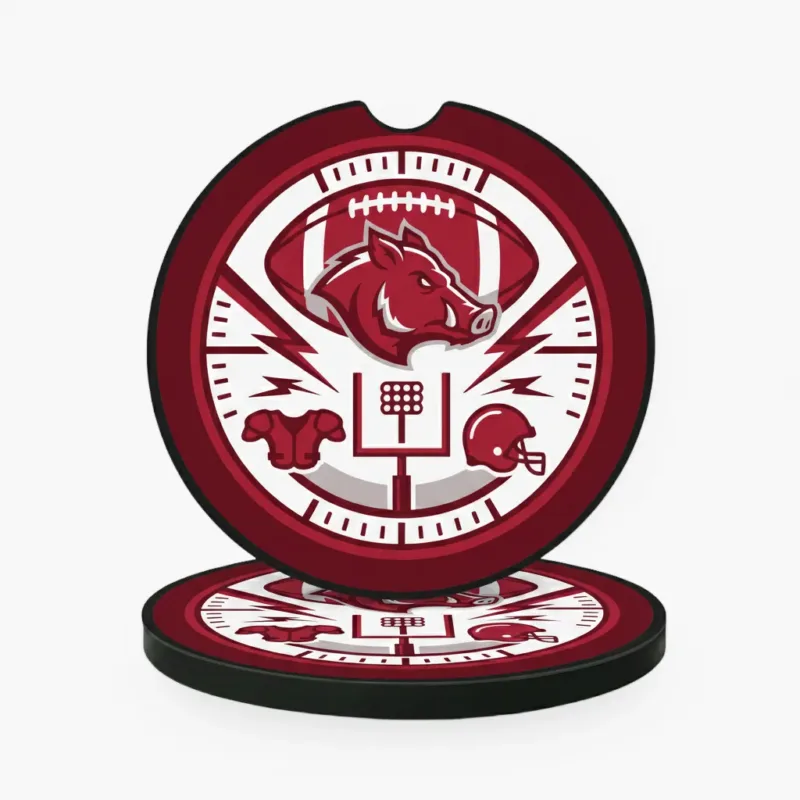 Razorback Football Mascot Absorbent Car Coaster Set - Maroon Team Spirit Auto Cup Holder Inserts - Pack of 2